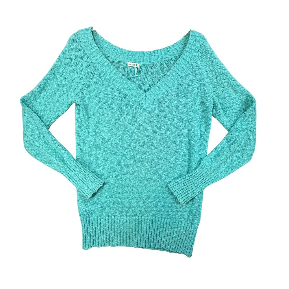 Old Navy V-Neck Knit Sweater Teal Turquoise Cotton Textured Pullover Small Cozy